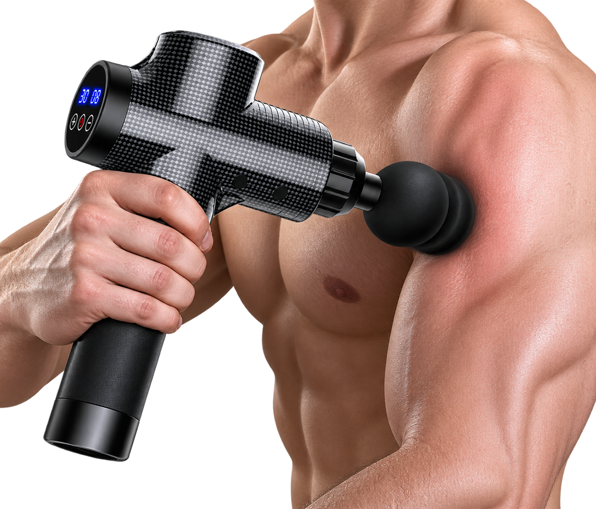 Pistola de masaje muscular profundo Vixecor con maletín de transporte